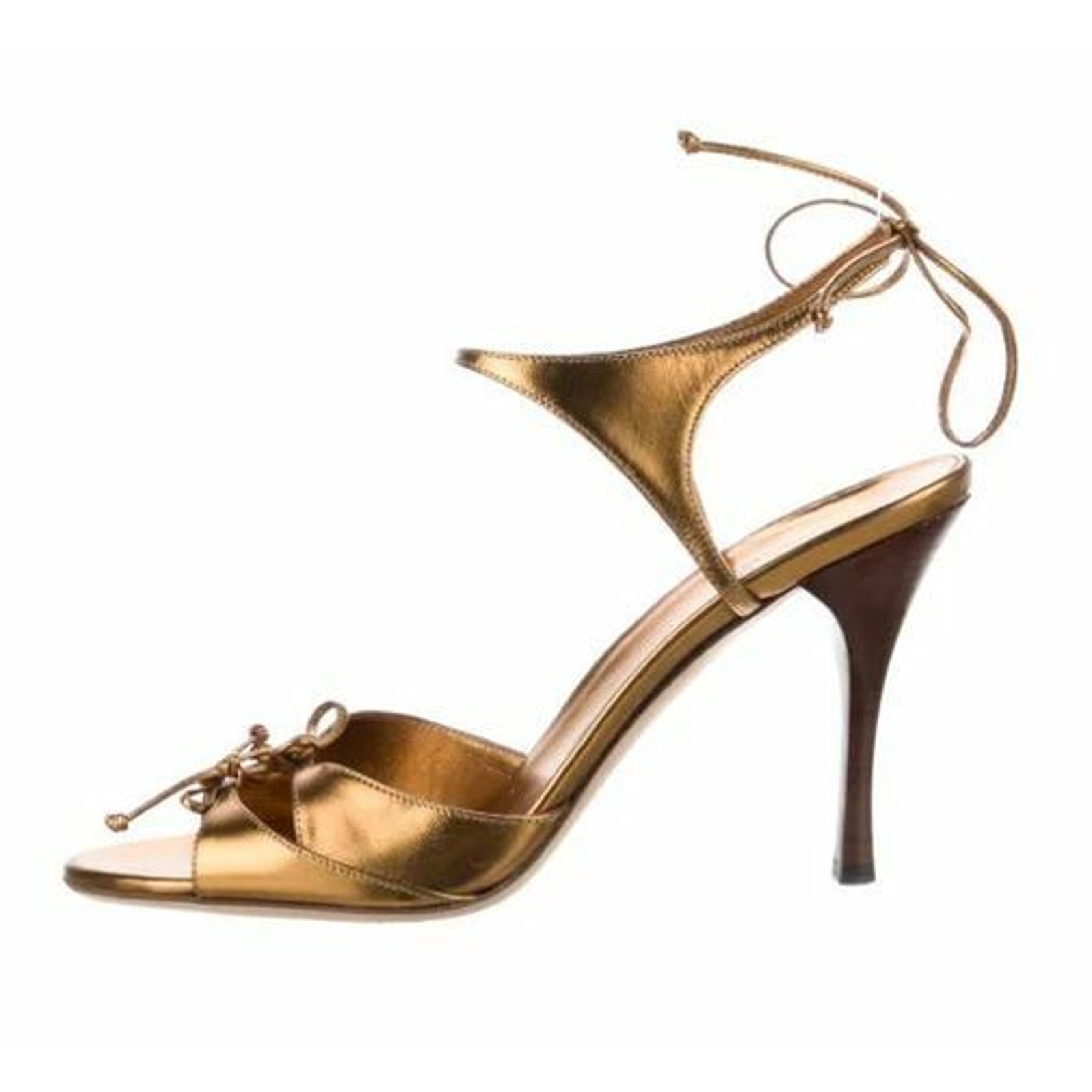 G0 New Gucci Gold Metallic Leather Tie Closures Heels Sandals Shoes Size 7.5 B